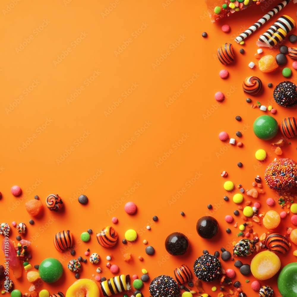 Fototapeta premium Halloween scattered candy and decor on orange background