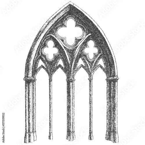 Arch, window, door of building, ancient medieval church with Gothic style. Fine stippled effect. dot effect. Vintage look. Quality resource for any project. 