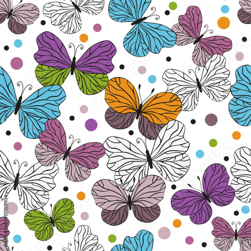 Vector seamless colorful doodle pattern with butterflies design for textile and surface pattern on transparent background