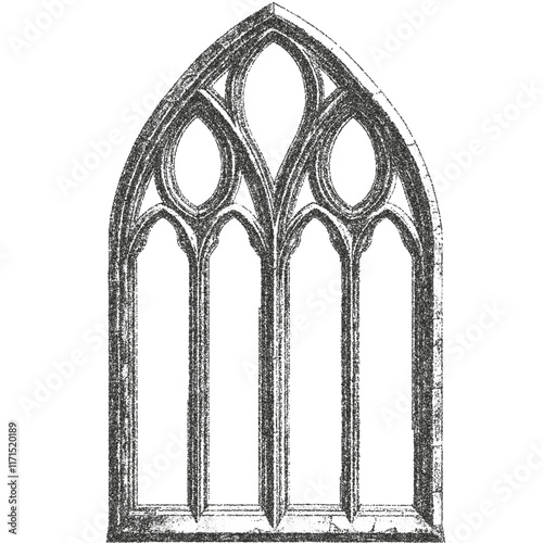 Arch, window, door of building, ancient medieval church with Gothic style. Fine stippled effect. dot effect. Vintage look. Quality resource for any project. 