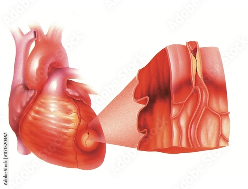 anatomical illustration of a heart - closeup of tissue death showing heart
attack