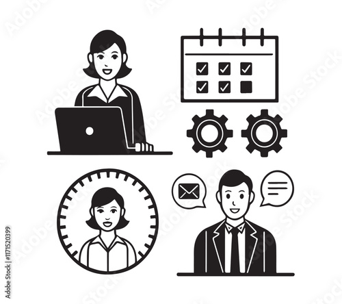 Black and white People icon set in flat style. Line icon set. Management line icons. Line Business People. Human resources. office management. 