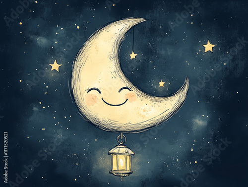 Smiling crescent moon holding a lantern in the starry night sky watercolor painting