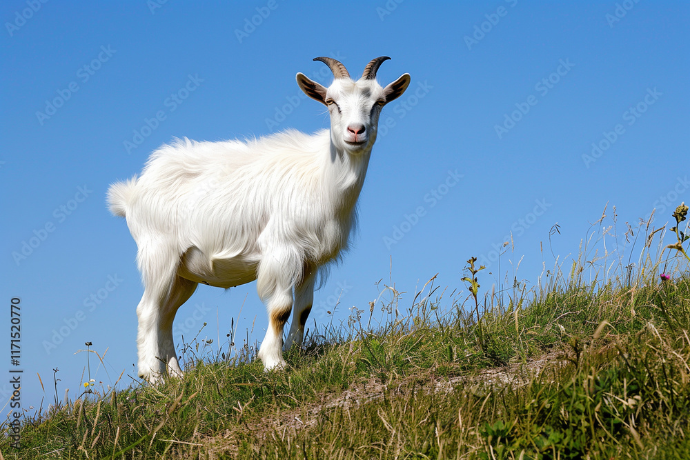 Goat standing on a grassy hillside, its fur ruffled by a gentle breeze, with a clear blue sky above. Goat standing on a grassy hillside, its fur ruffled by a gentle breeze, with a clear blue sky above.
