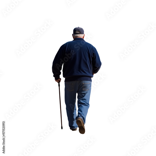 Rear View of Senior Man Walking with Cane Full Body Transparent Hand-Cut PNG for Mobility and Elderly Support






