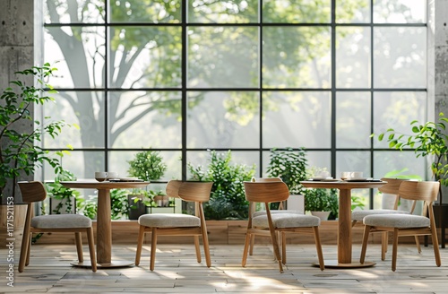 a table and chairs in a room with windows photo