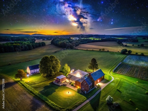 Starry skies blanket Middleburg's rural Virginia farmland, captured from a drone's aerial perspective. photo