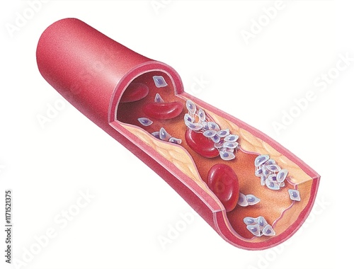 anatomical illustration of an artery with plaque buildup - showing red blood
cells and platelet clumping