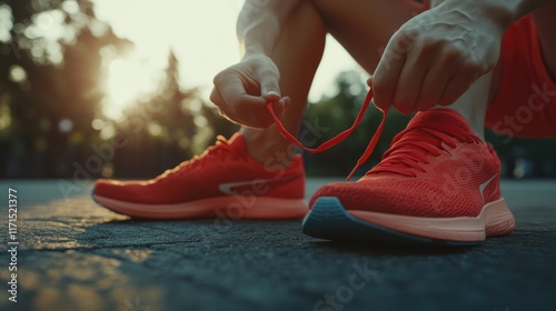 Close-up of a Runner Tying Their Red Running Shoes