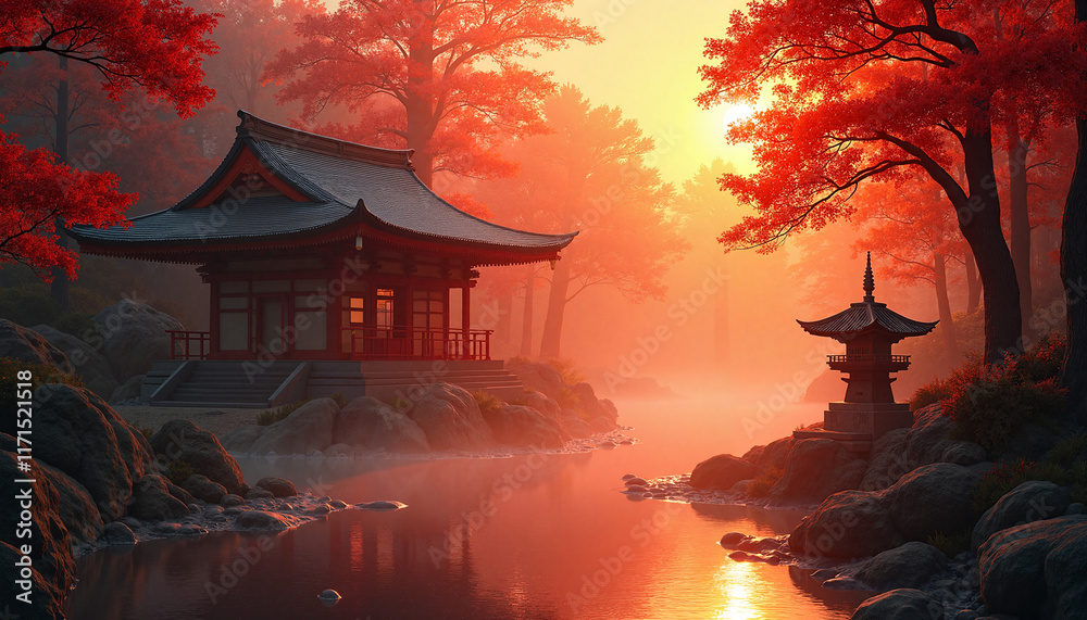 Obraz premium Serene Japanese temple at sunset with autumn foliage