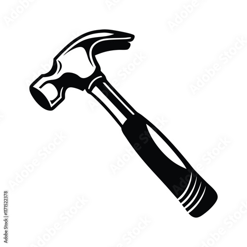 A silhouette of a hammer on white background