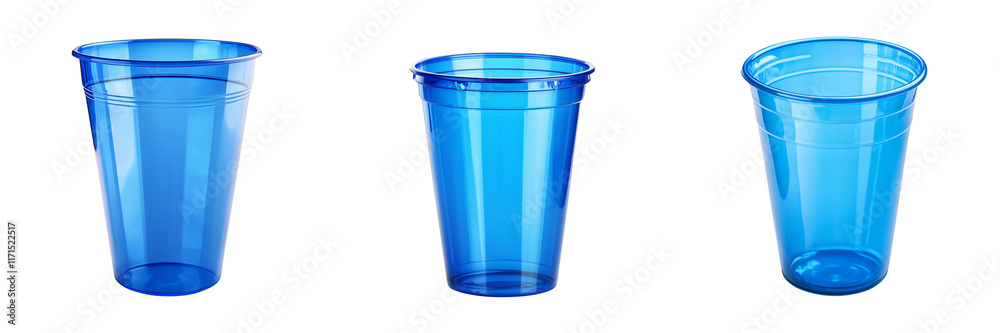 Set of A vibrant blue plastic cup placed in the center of a clean white background on transparent png background Set of A vibrant blue plastic cup placed in the center of a clean white background on transparent png background