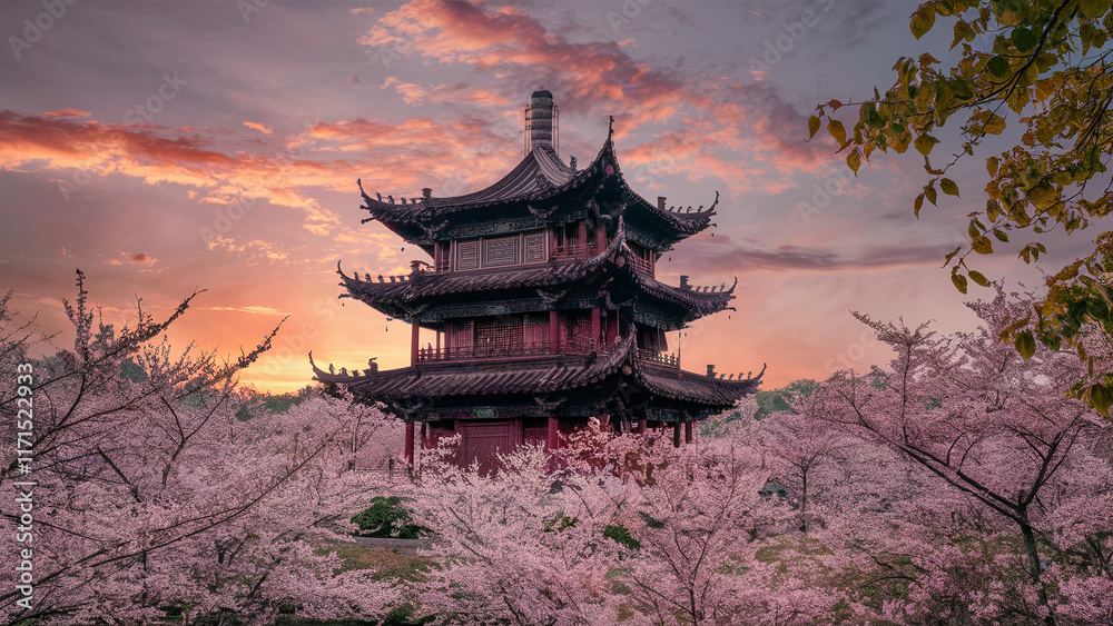 Fototapeta premium A peaceful Chinese pagoda under a colorful sunset sky. 