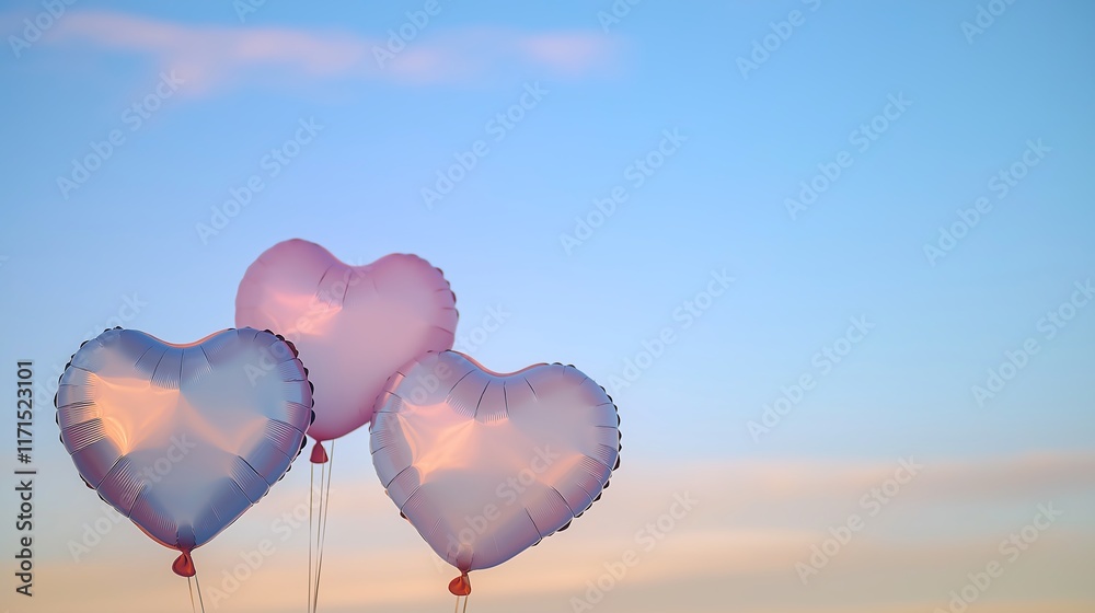 Obraz premium Three heart-shaped balloons floating against a serene blue sky at sunset.