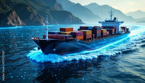 Futuristic digital illustration of a container ship at sea with glowing lines of global connectivity