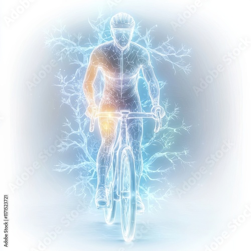 Cyclist blending with themed winter, a neon light photography style of a glowing cyclist figure surrounded by icy blue and white neon highlights, giving a frozen winter glow, isolated on white photo