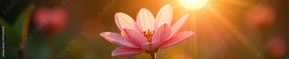 Soft and gentle sun flares illuminate the petals of a delicate flower, shine, ray, glow Soft and gentle sun flares illuminate the petals of a delicate flower, shine, ray, glow