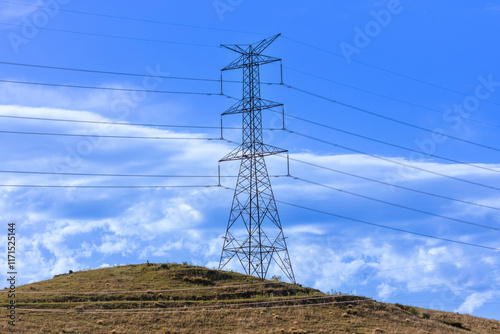 Photograph of a large electricity Transmission Tower on a grassy hill against a bright blue sky in regional Australia.