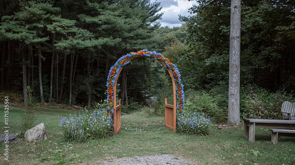 flower arch decorated with statice flowers in vibrant colors, forming a beautiful entrance at an outdoor wedding ceremony. Statice flower arch decorated with statice flowers in vibrant colors, forming a beautiful entrance at an outdoor wedding ceremony. Statice