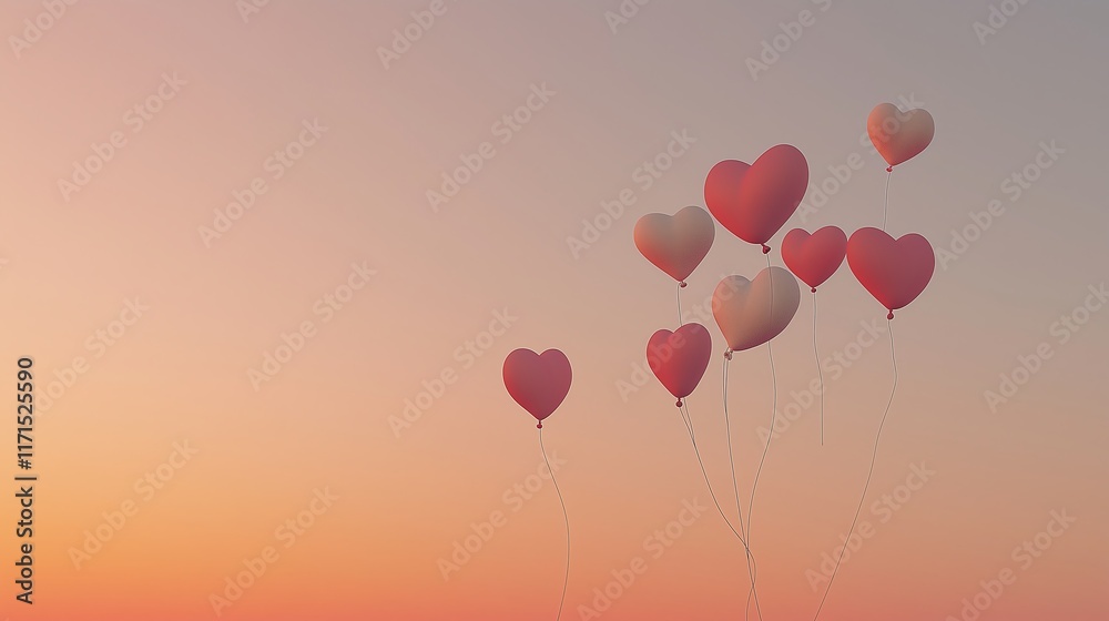 Fototapeta premium Colorful heart-shaped balloons floating in a serene sunset sky.