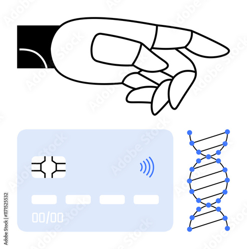 Robotic hand near microchip credit card and DNA strand in minimal design. Ideal for innovation, AI, futurism, biotechnology, finance, data security, and abstract line flat metaphor