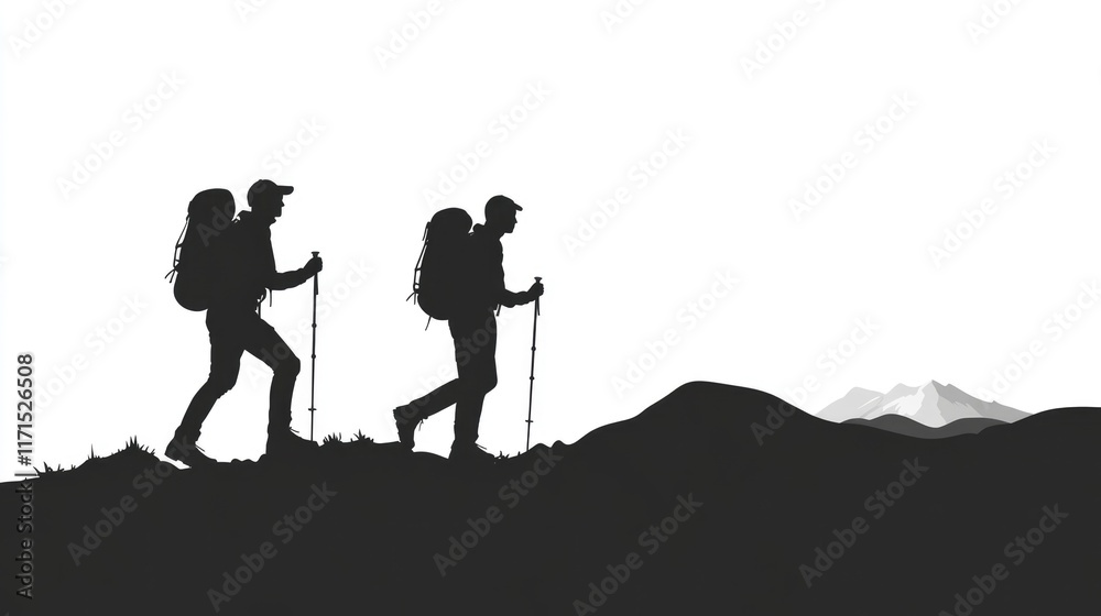 Silhouettes of Two Hikers on a Mountain Trail Silhouettes of Two Hikers on a Mountain Trail