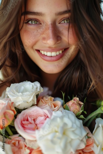 Wallpaper Mural A young woman with long brown hair joyfully smiles while holding a bouquet of colorful roses in natural light. Close-up Torontodigital.ca
