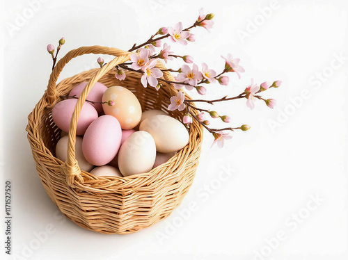 Colored easter eggs in a wicker basket on a white background. Close-up.
