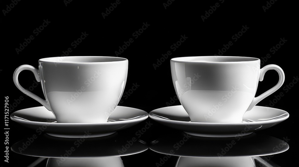 Minimalistic Coffee Setup with Two White Cups and Saucers on Contrasting Black and White Background Minimalistic Coffee Setup with Two White Cups and Saucers on Contrasting Black and White Background