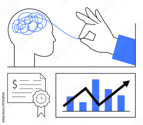 Hand unravels tangled brain thoughts, certification document, bar chart with growth trend. Ideal for mental clarity, problem-solving, education, business strategy, personal development, analytics