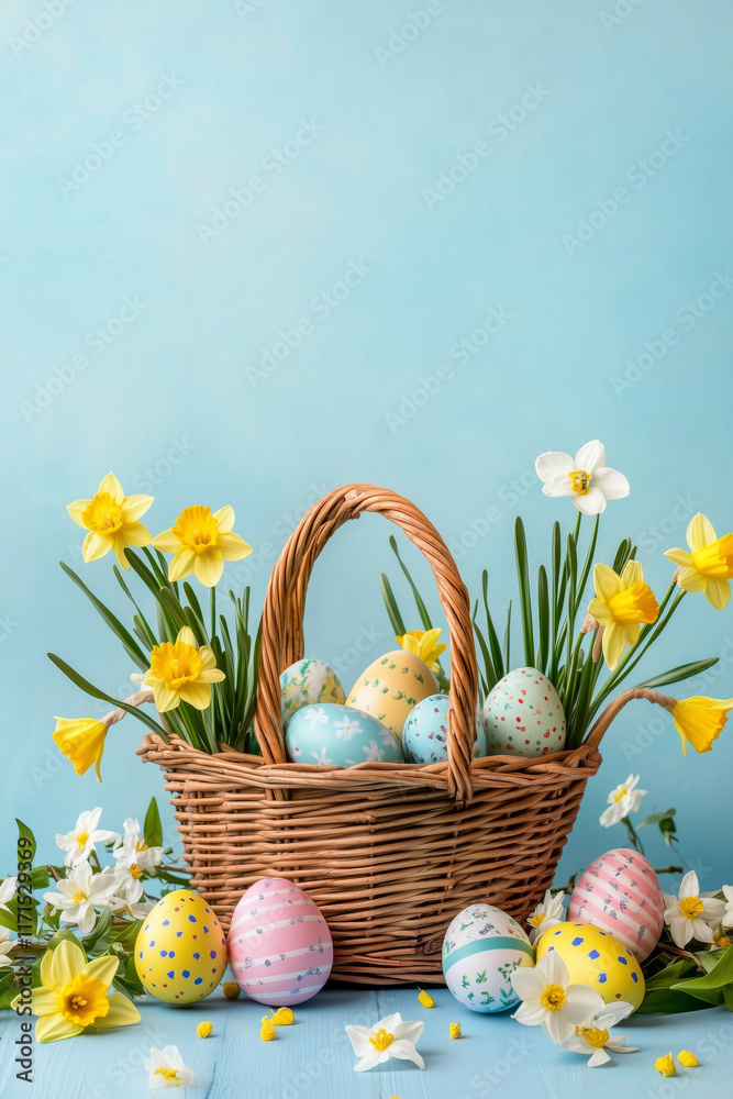Easter eggs in a basket with daffodil flowers spring season greeting card portrait format copyspace copy space