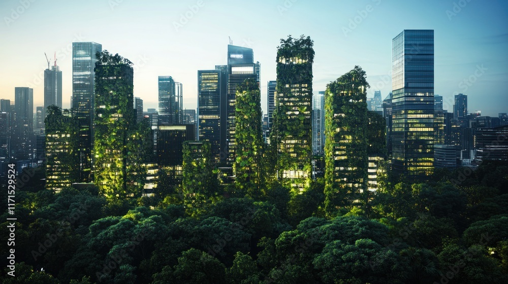 Obraz premium Eco-friendly futuristic city skyline at dawn, skyscrapers covered in lush greenery.