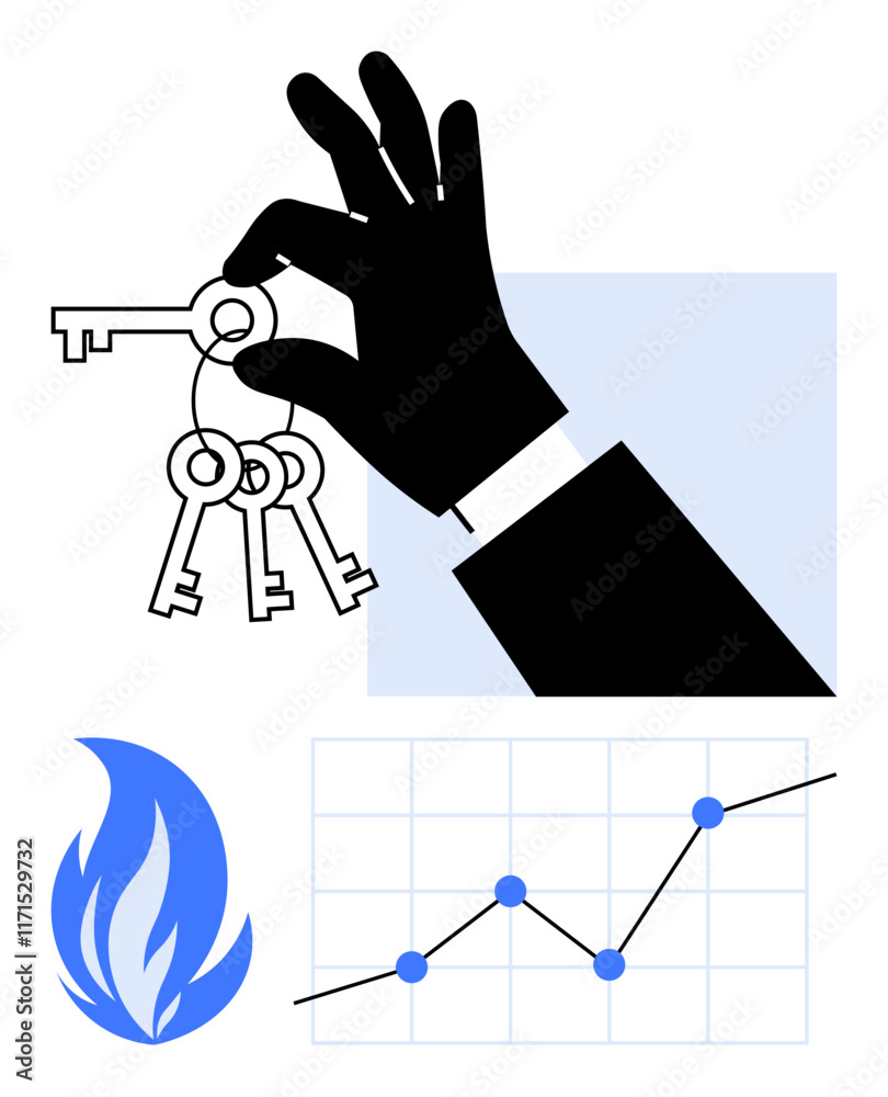 Hand grasping keys, flame icon representing risk or energy, and upward trending chart. Ideal for finance, security, risk strategy, investment, business growth, entrepreneurship abstract line flat Hand grasping keys, flame icon representing risk or energy, and upward trending chart. Ideal for finance, security, risk strategy, investment, business growth, entrepreneurship abstract line flat