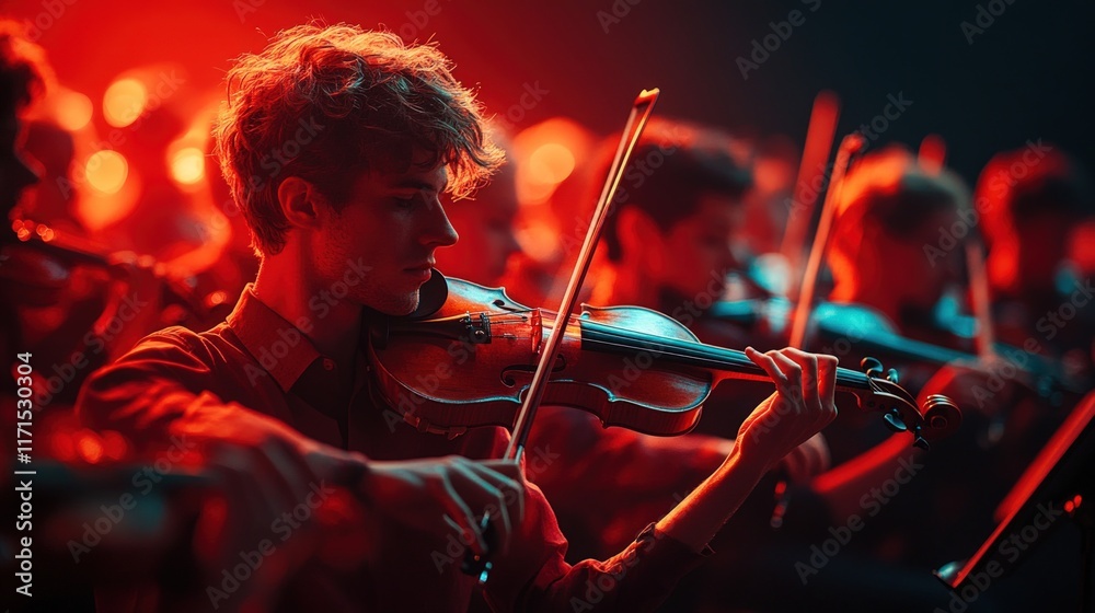 Fototapeta premium Violinist performs in red-lit orchestra.