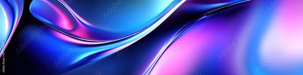 Obraz premium Abstract fluid waves, vibrant blue and pink gradients, smooth curves, glossy reflective surface, dynamic flow, ethereal lighting, futuristic design, digital art, high contrast, 3D render, ultra high d
