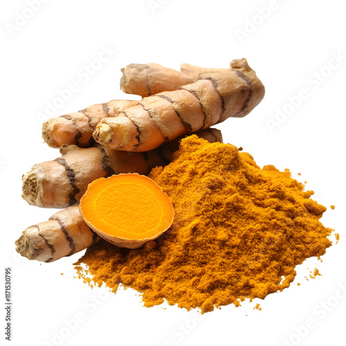 Turmeric powder and fresh turmeric isolated on transparent background turmeric png