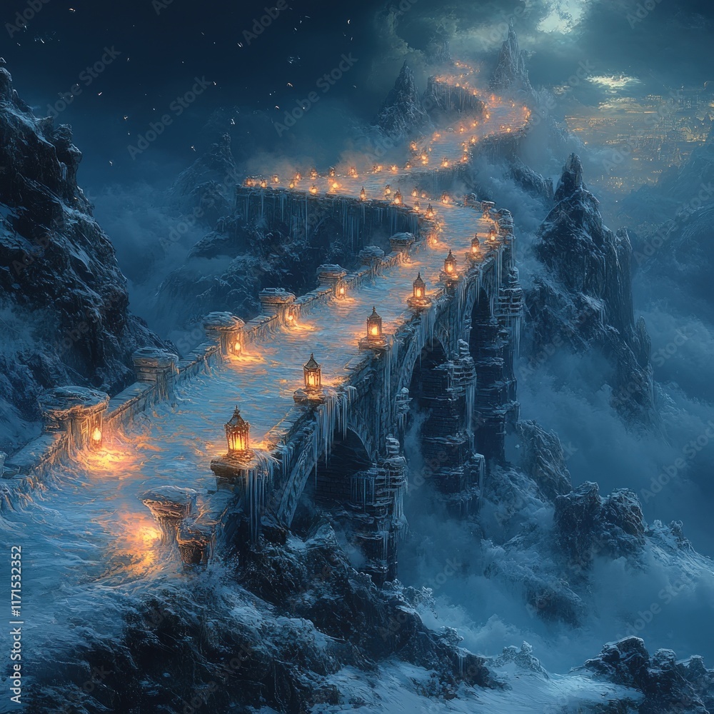 Fototapeta premium Snowy mountain bridge, lanterns glowing, night scene.