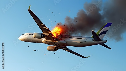 Commercial airplane breaking apart mid-air with flames and smoke against a clear blue sky, ideal for aviation disaster documentaries or action movie visuals