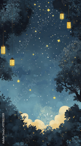 dreamy night sky filled with stars and glowing lanterns among trees