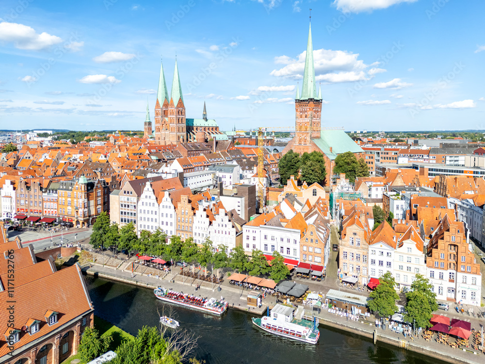 Lübeck's old town with Trave river aerial view photo Hanseatic city of Lübeck in Germany