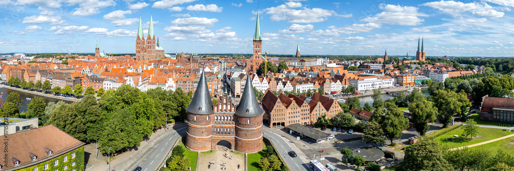 Holsten Gate Holstentor aerial view photo panorama Hanseatic city of Lübeck in Germany