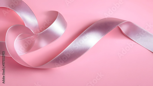 Heart shape border made of silver ribbon on pink background. Valentine's day greeting card mockup, minimal flat lay style composition with copy space. Love concept.
