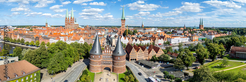Obraz na płótnie Holsten Gate Holstentor aerial view photo panorama Hanseatic city of Lübeck in Germany w salonie