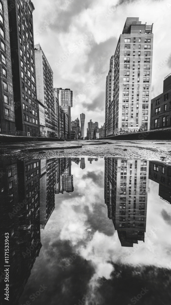 Fototapeta premium Black and white cityscape with reflections in puddle, showcasing urban architecture and dramatic clouds
