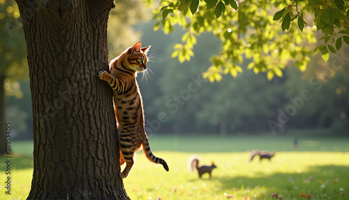 Bengal cat climbing tree in sunny park with squirrels photo