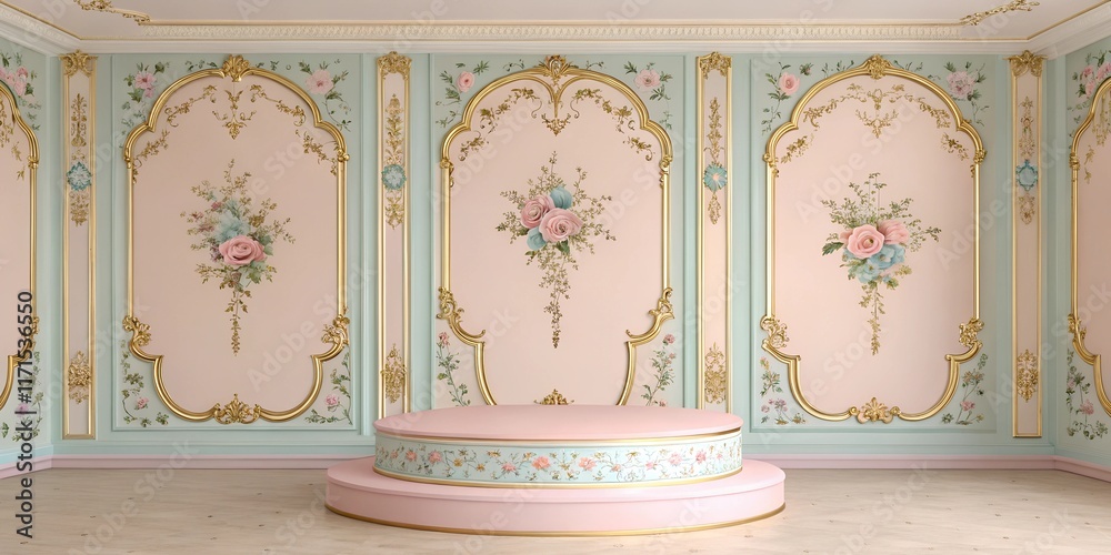 Naklejka premium Elegant Rococo Revival-style room with pastel pink and mint walls, adorned with golden floral moldings and intricate rose bouquets. A luxurious interior design trend for 2025.