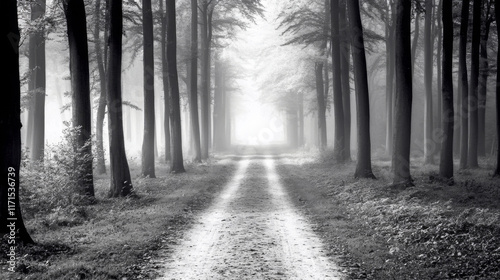 misty forest path creates serene and mysterious atmosphere, inviting exploration