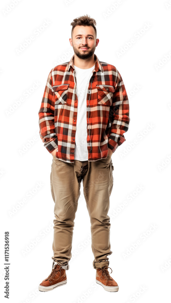 Man in plaid long sleeve shirt and long pants cut out on transparent isolated background
Man in plaid long sleeve shirt and long pants cut out on transparent isolated background
