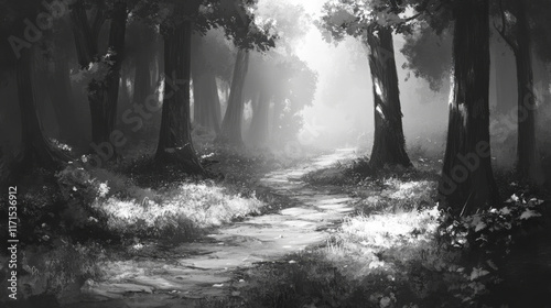 Misty forest path with sunlight filtering through trees, creating serene atmosphere