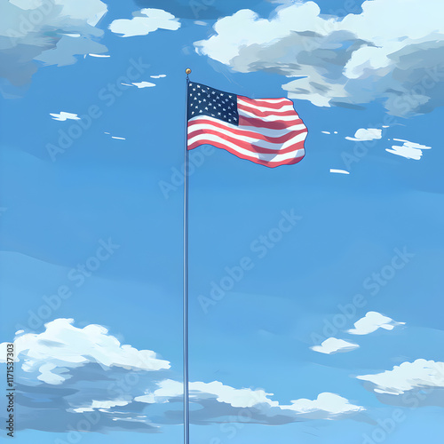 American flag waving in blue sky